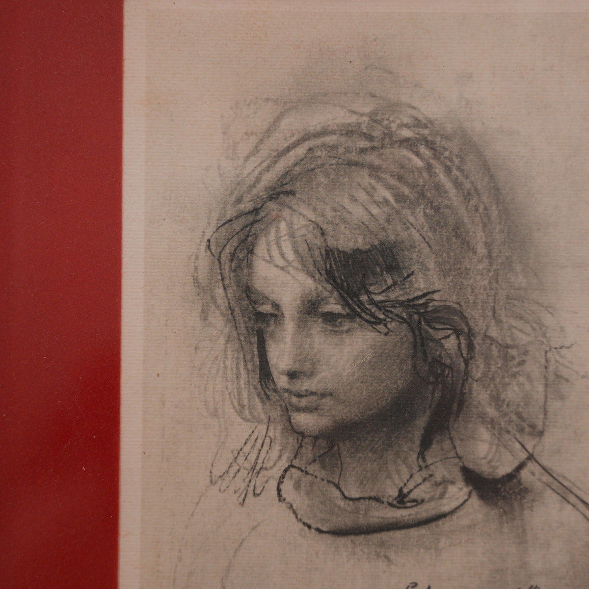 Pietro Annigoni – Ritratto di Giovane Donna – Riproduzione a Stampa da Disegno, Cornice in Legno con Passepartout Rosso, 34 x 28 cm