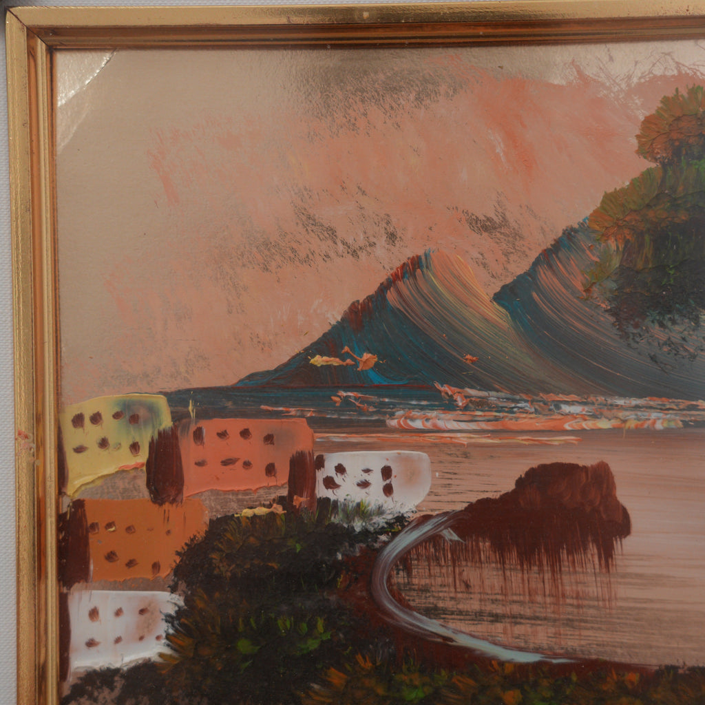 T. Vespa – Golfo di Napoli con Vesuvio al Tramonto – Dipinto a Mano su Foglia d'Oro, Doppia Cornice con Targhetta, 32 x 37 cm