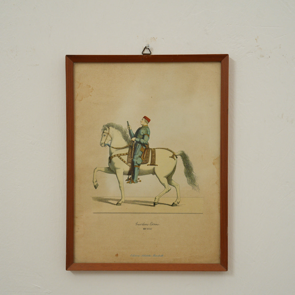 Giordano Orsini – Cavaliere in Armatura su Cavallo Bianco – Stampa Colorata, Edizioni Artistiche Maestretti, Cornice in Legno, 29 x 21 cm