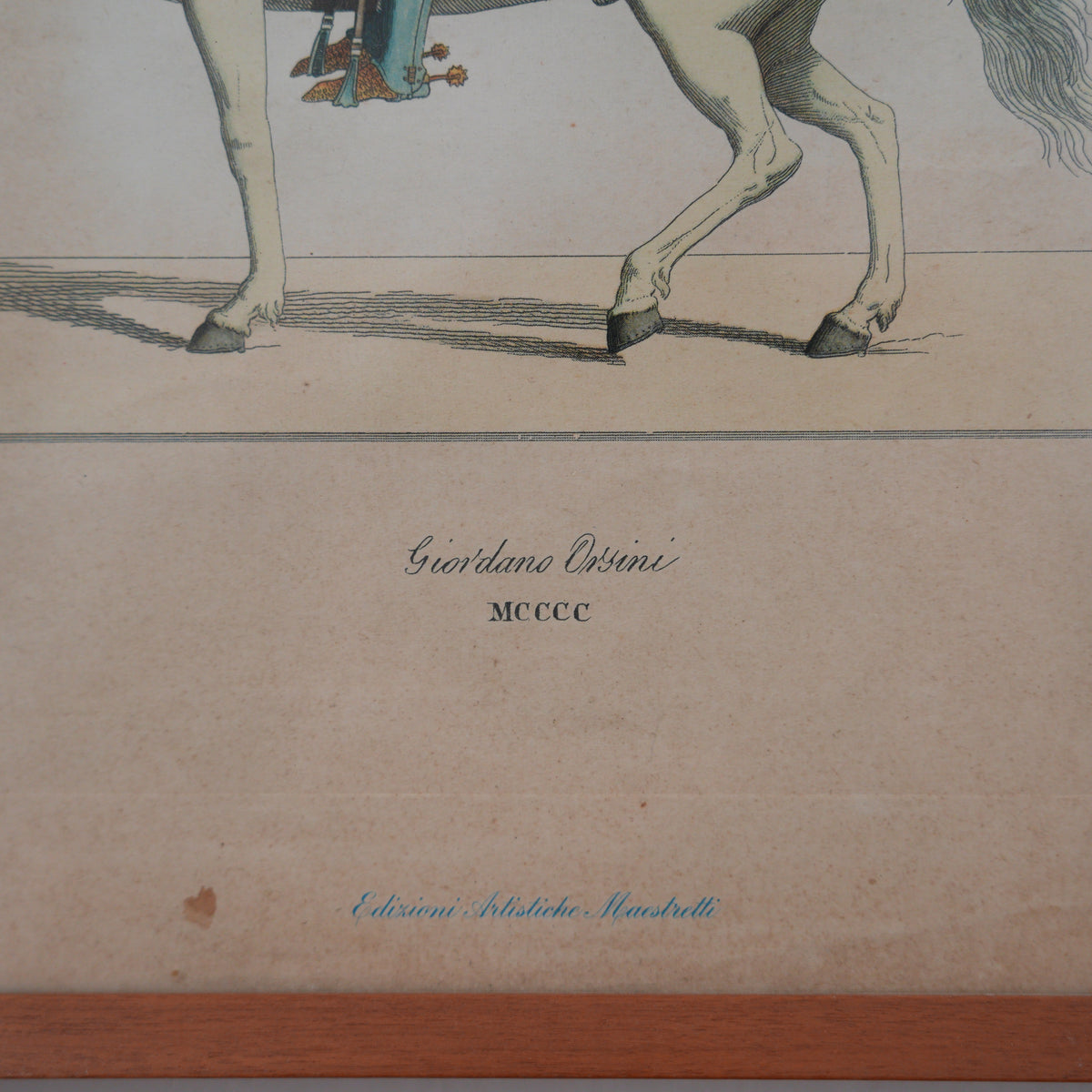 Giordano Orsini – Cavaliere in Armatura su Cavallo Bianco – Stampa Colorata, Edizioni Artistiche Maestretti, Cornice in Legno, 29 x 21 cm