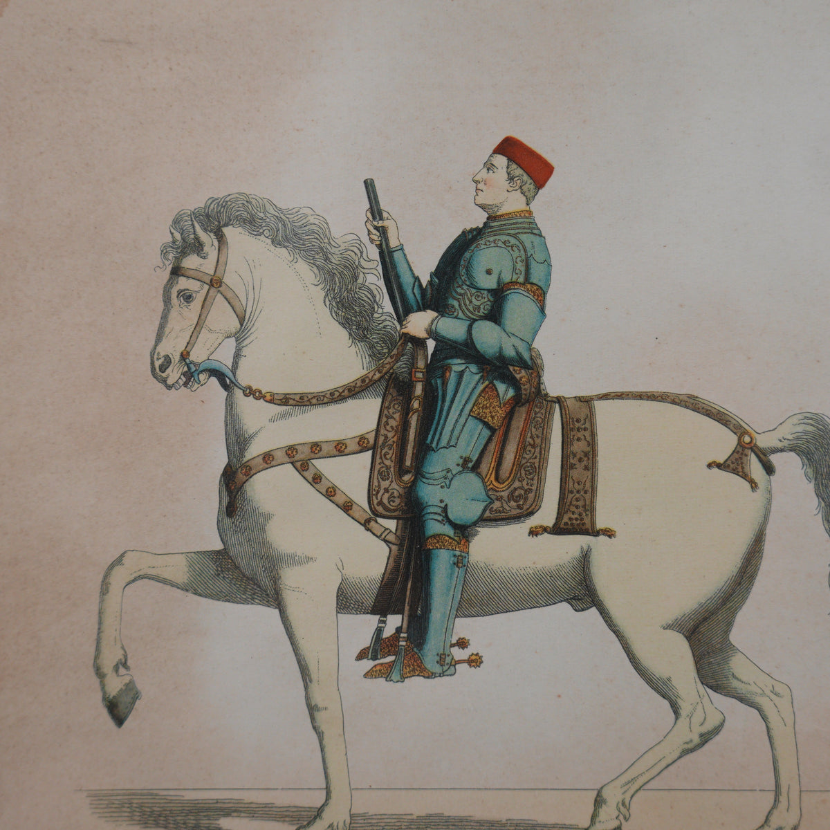 Giordano Orsini – Cavaliere in Armatura su Cavallo Bianco – Stampa Colorata, Edizioni Artistiche Maestretti, Cornice in Legno, 29 x 21 cm