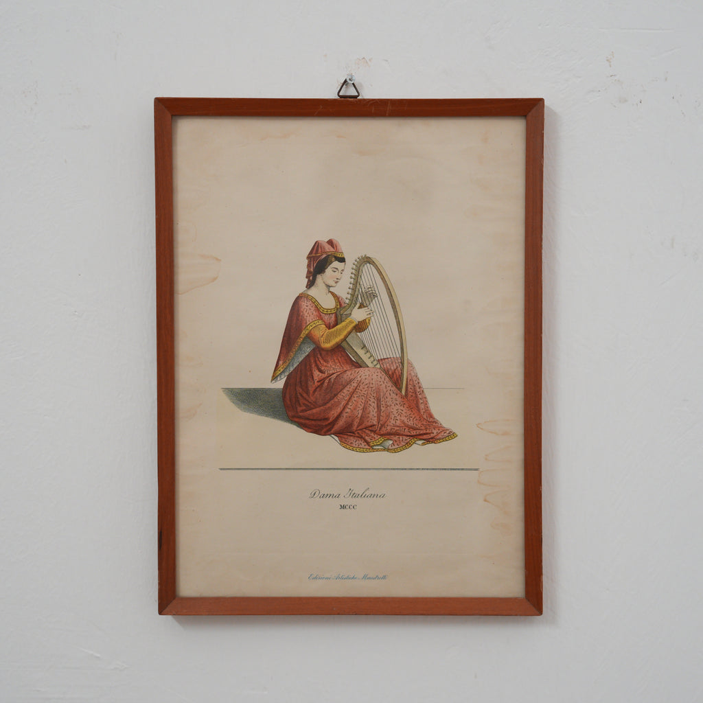 Dama Italiana con Arpa – Costume del Trecento – Stampa Colorata, Edizioni Artistiche Maestretti, Cornice in Legno, 29 x 21 cm