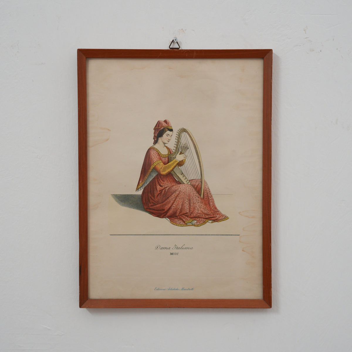 Dama Italiana con Arpa – Costume del Trecento – Stampa Colorata, Edizioni Artistiche Maestretti, Cornice in Legno, 29 x 21 cm