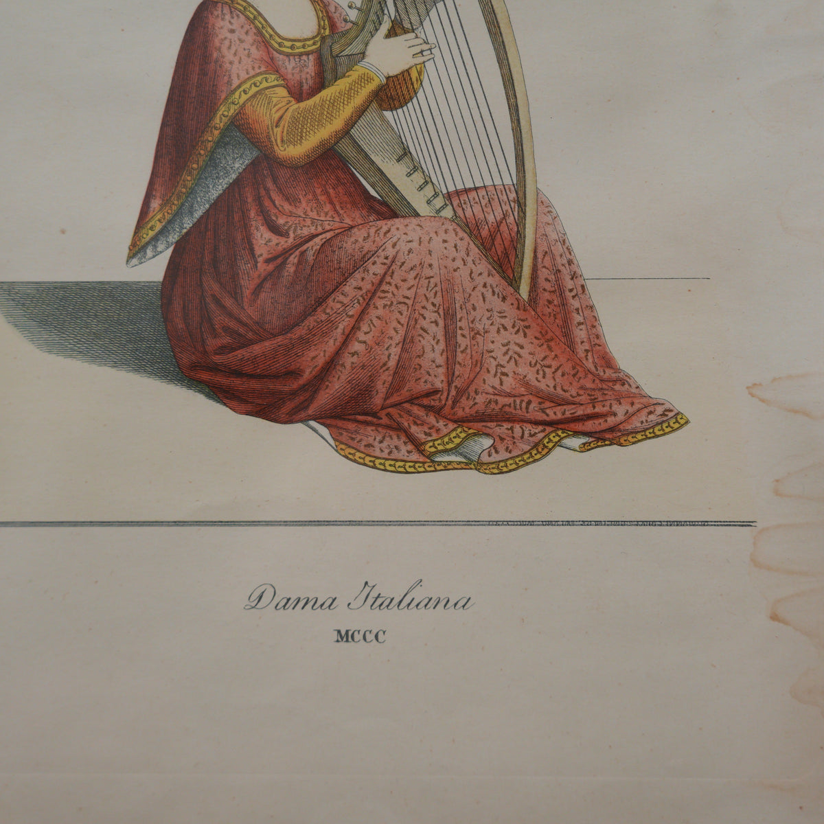 Dama Italiana con Arpa – Costume del Trecento – Stampa Colorata, Edizioni Artistiche Maestretti, Cornice in Legno, 29 x 21 cm