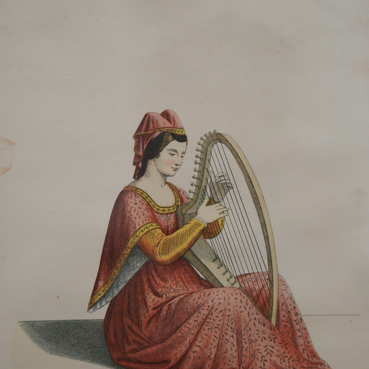 Dama Italiana con Arpa – Costume del Trecento – Stampa Colorata, Edizioni Artistiche Maestretti, Cornice in Legno, 29 x 21 cm