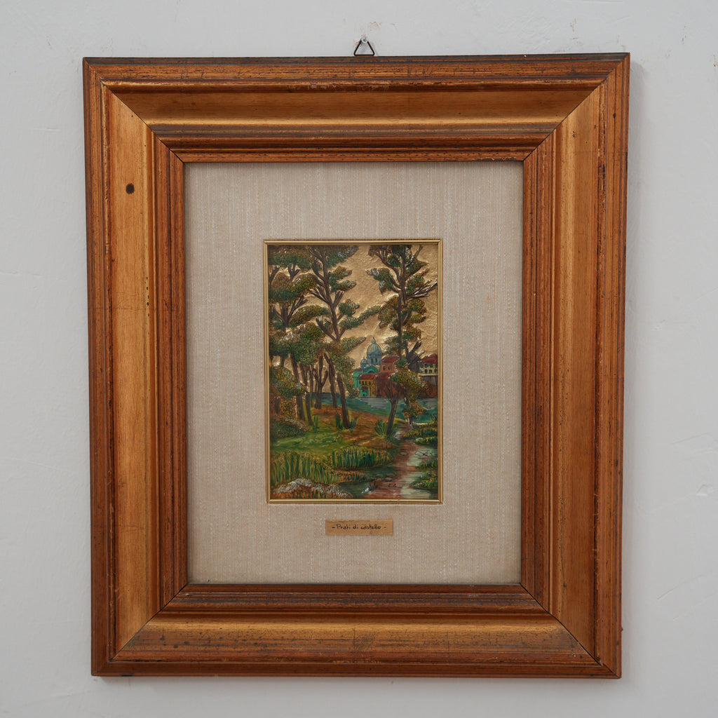 "Prati di Castello" – Paesaggio con Cupola e Ruscello su Foglia d'Oro in Rilievo, Dipinto a Mano e Firmato, Cornice in Legno, 43 x 37 cm
