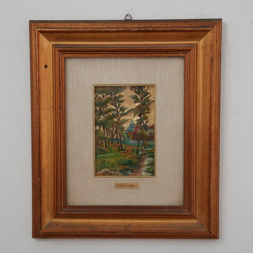 "Prati di Castello" – Paesaggio con Cupola e Ruscello su Foglia d'Oro in Rilievo, Dipinto a Mano e Firmato, Cornice in Legno, 43 x 37 cm