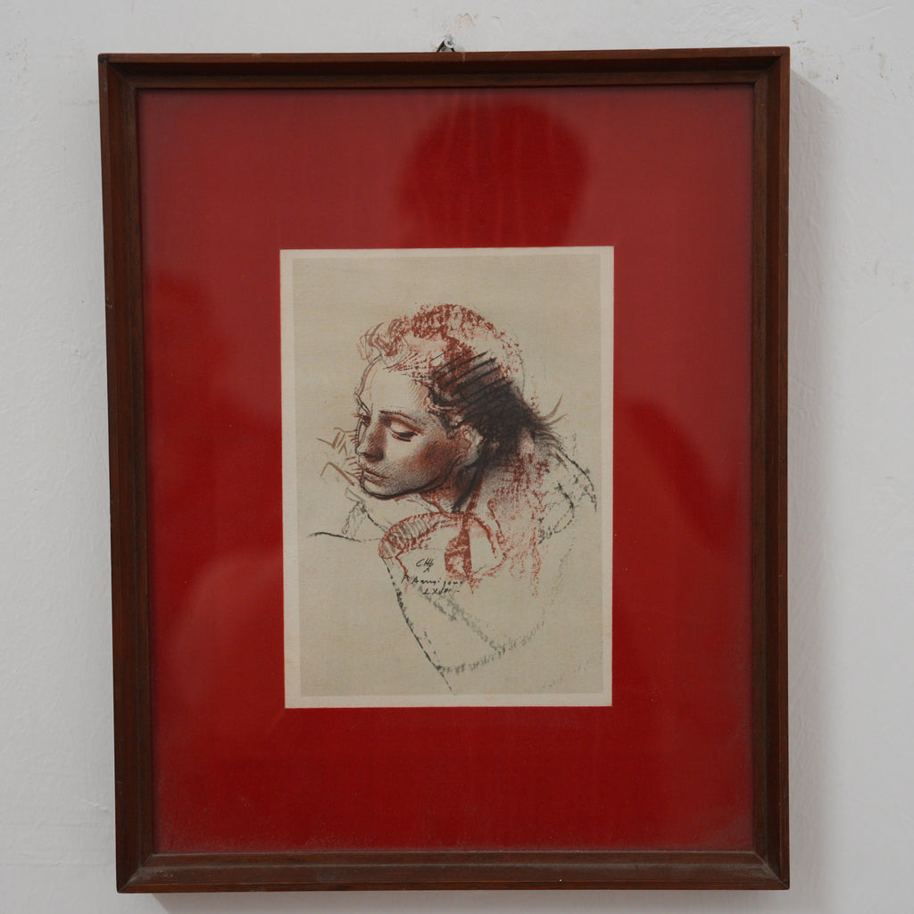 Pietro Annigoni – Ritratto di Giovane Donna in Sanguigna e Carboncino – Riproduzione a Stampa, Cornice in Legno con Passepartout Rosso, 34 x 28 cm