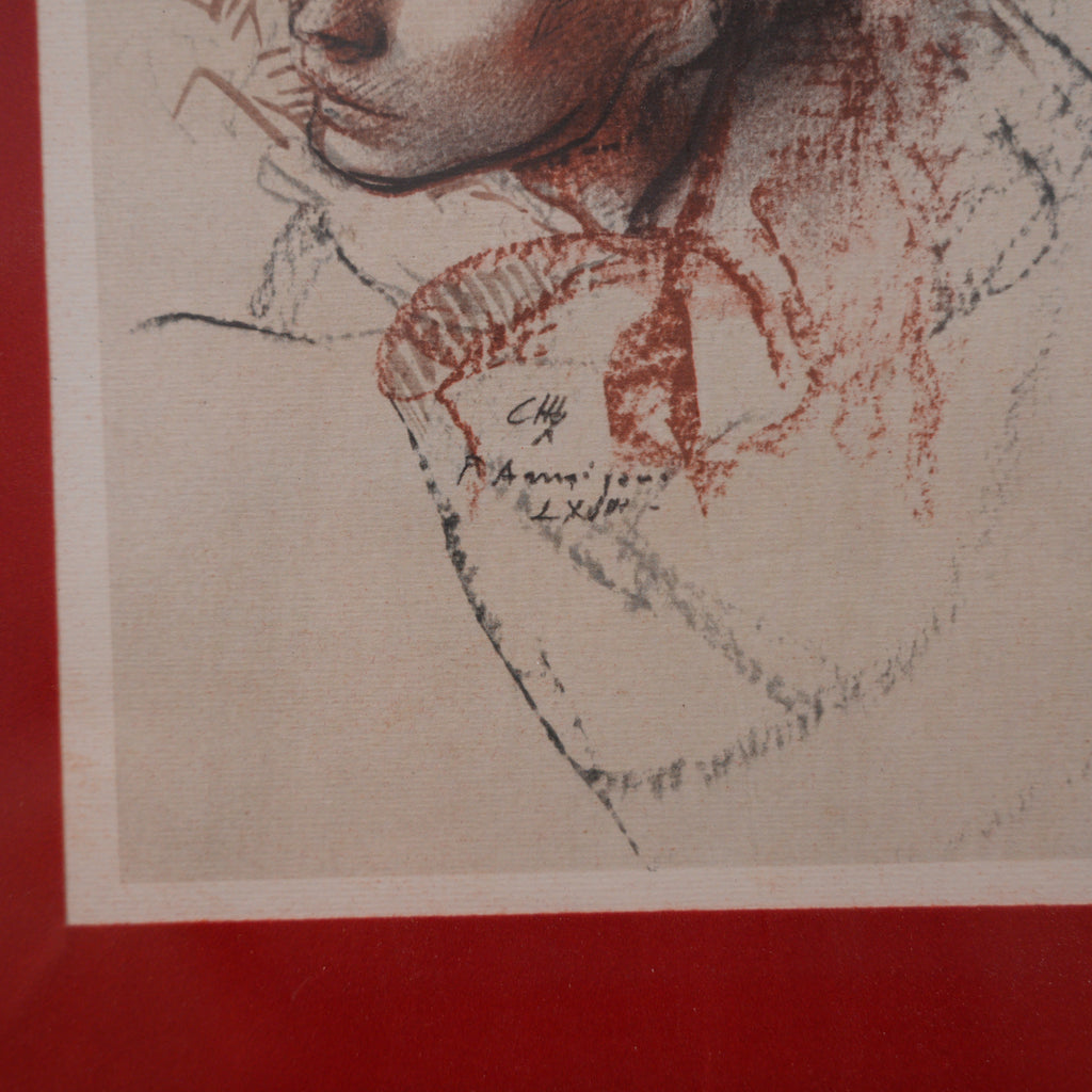 Pietro Annigoni – Ritratto di Giovane Donna in Sanguigna e Carboncino – Riproduzione a Stampa, Cornice in Legno con Passepartout Rosso, 34 x 28 cm