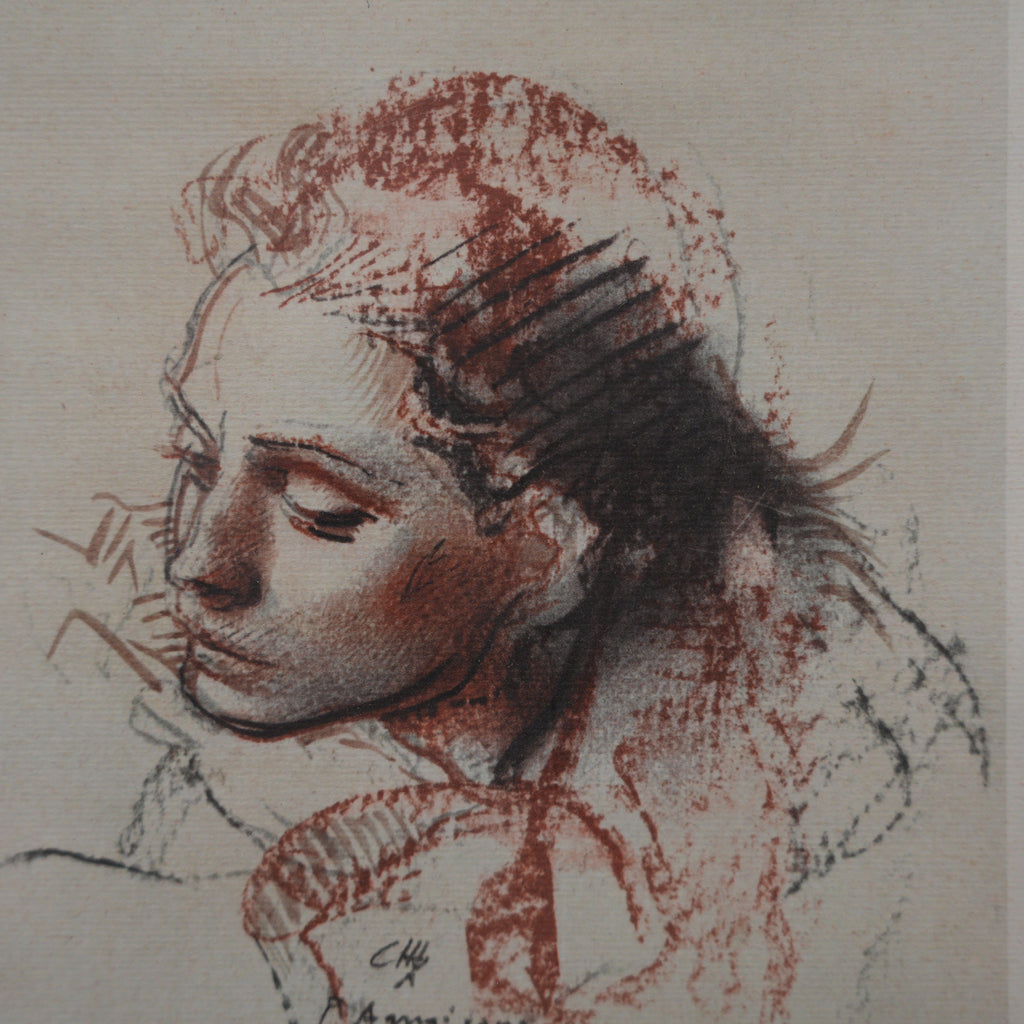 Pietro Annigoni – Ritratto di Giovane Donna in Sanguigna e Carboncino – Riproduzione a Stampa, Cornice in Legno con Passepartout Rosso, 34 x 28 cm