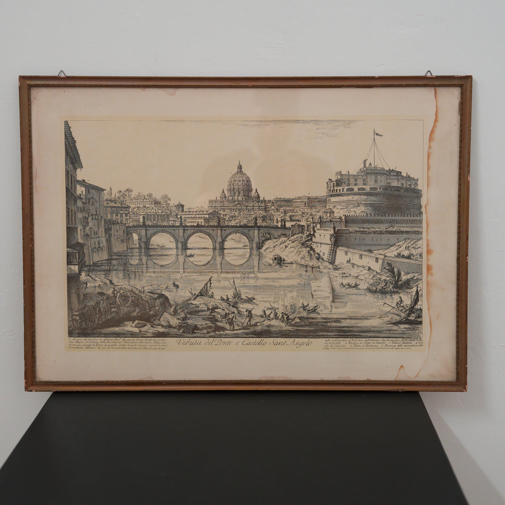 Stampa "Veduta del Ponte e Castello Sant'Angelo" da Giovanni Battista Piranesi – Roma, cornice in legno – 51 x 72 cm