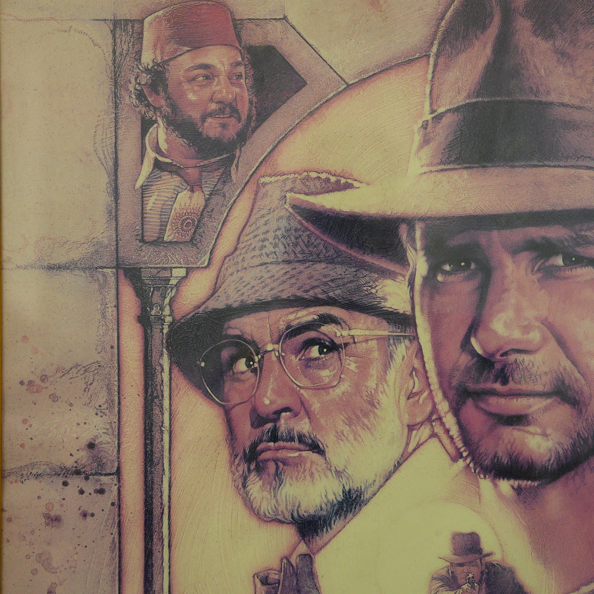 Locandina originale "Indiana Jones e l'Ultima Crociata" (1989) prima stampa italiana – illustrazione di Drew Struzan, cornice in legno – 99 x 72 cm