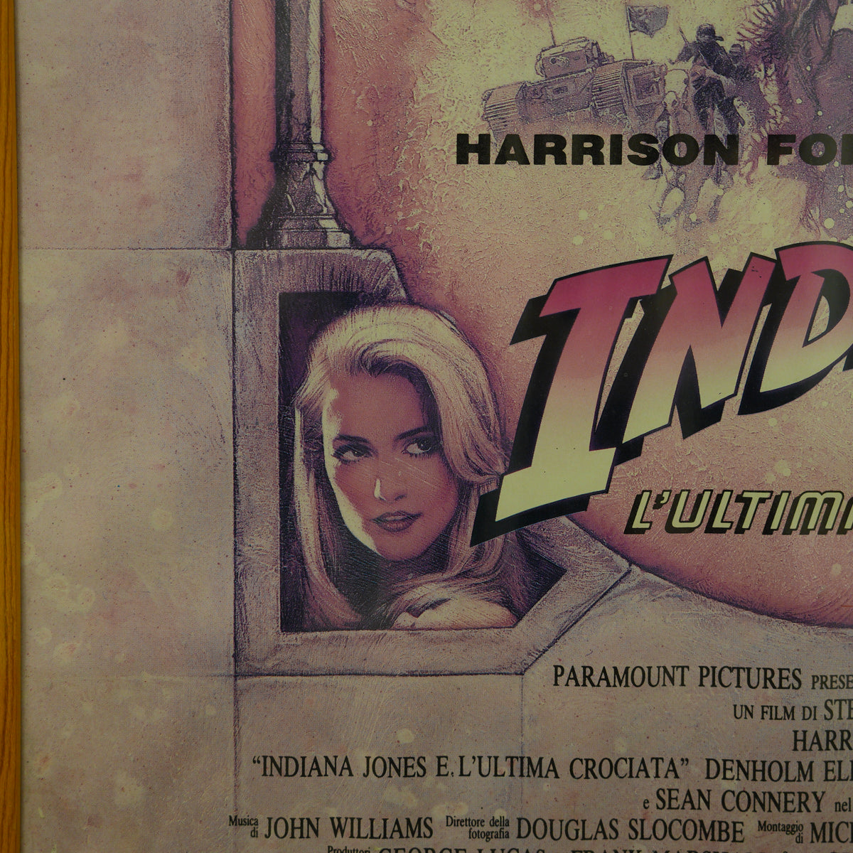 Locandina originale "Indiana Jones e l'Ultima Crociata" (1989) prima stampa italiana – illustrazione di Drew Struzan, cornice in legno – 99 x 72 cm