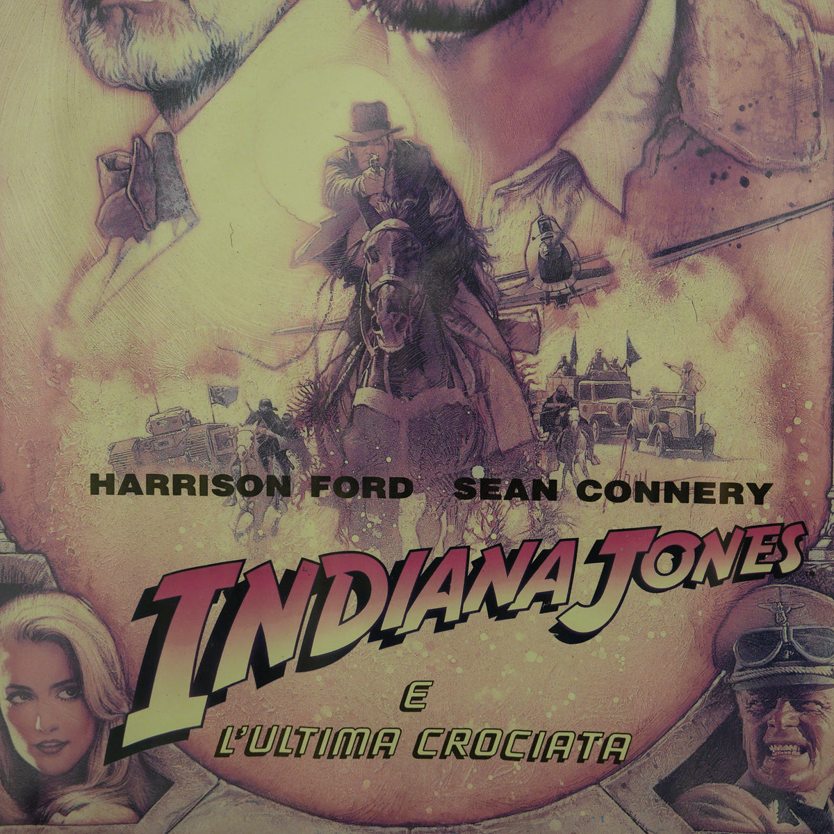 Locandina originale "Indiana Jones e l'Ultima Crociata" (1989) prima stampa italiana – illustrazione di Drew Struzan, cornice in legno – 99 x 72 cm
