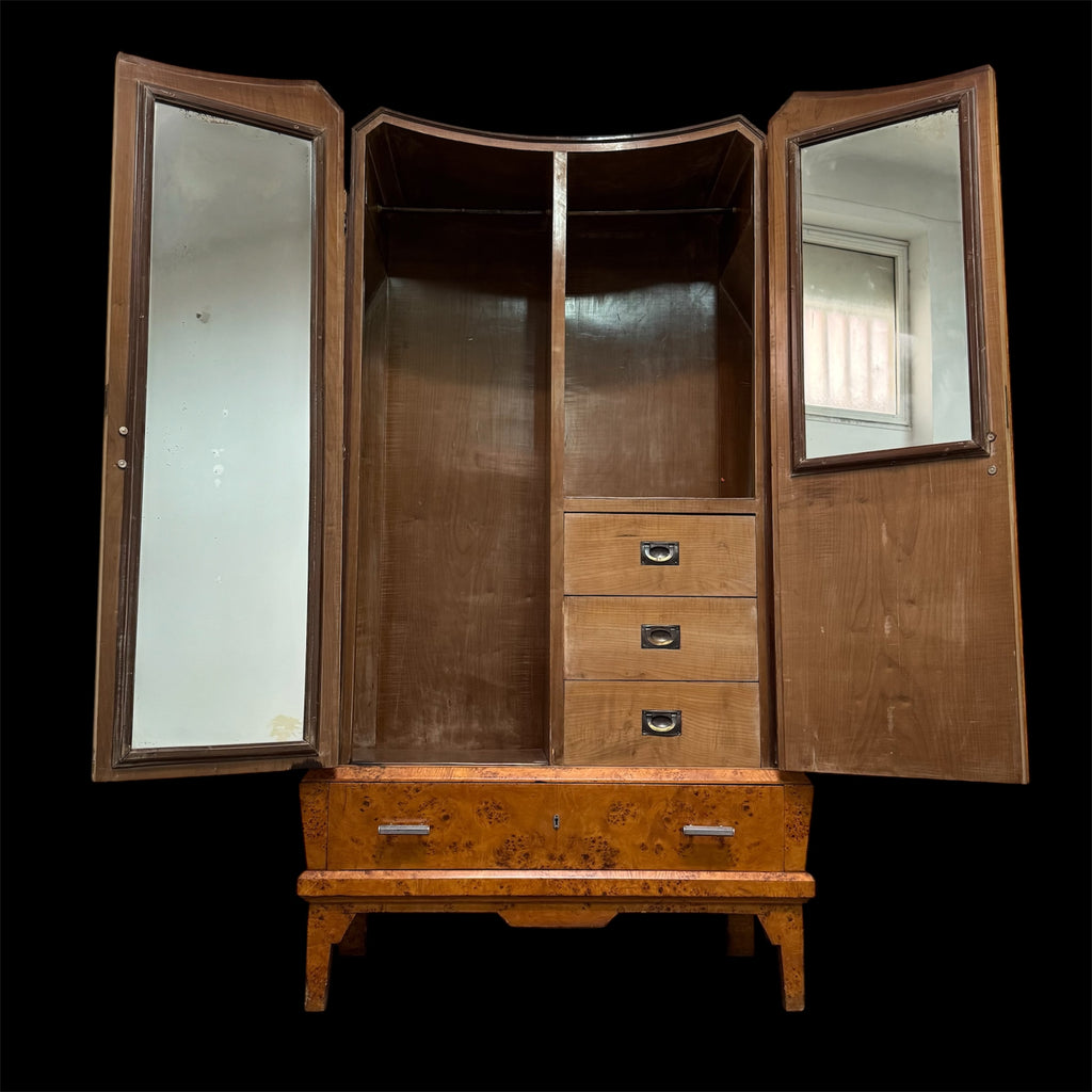 1940s Italian Art Deco Burr Birch Wardrobe with Chrome Hardware