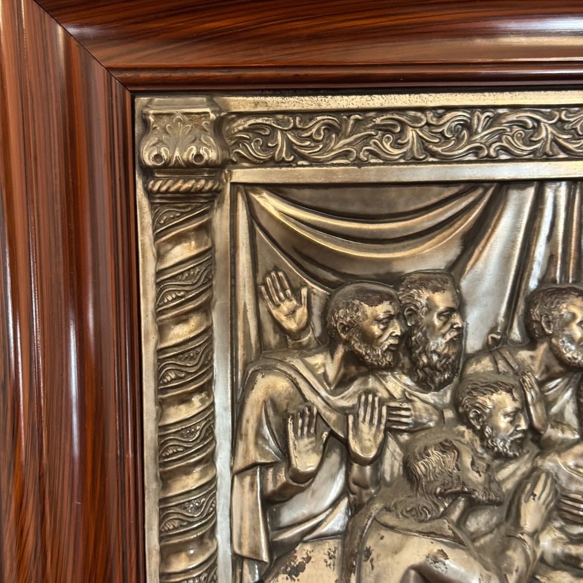 Quadro Bassorilievo Vintage "Ultima Cena de Jesus" in Metallo Argentato / Brunito