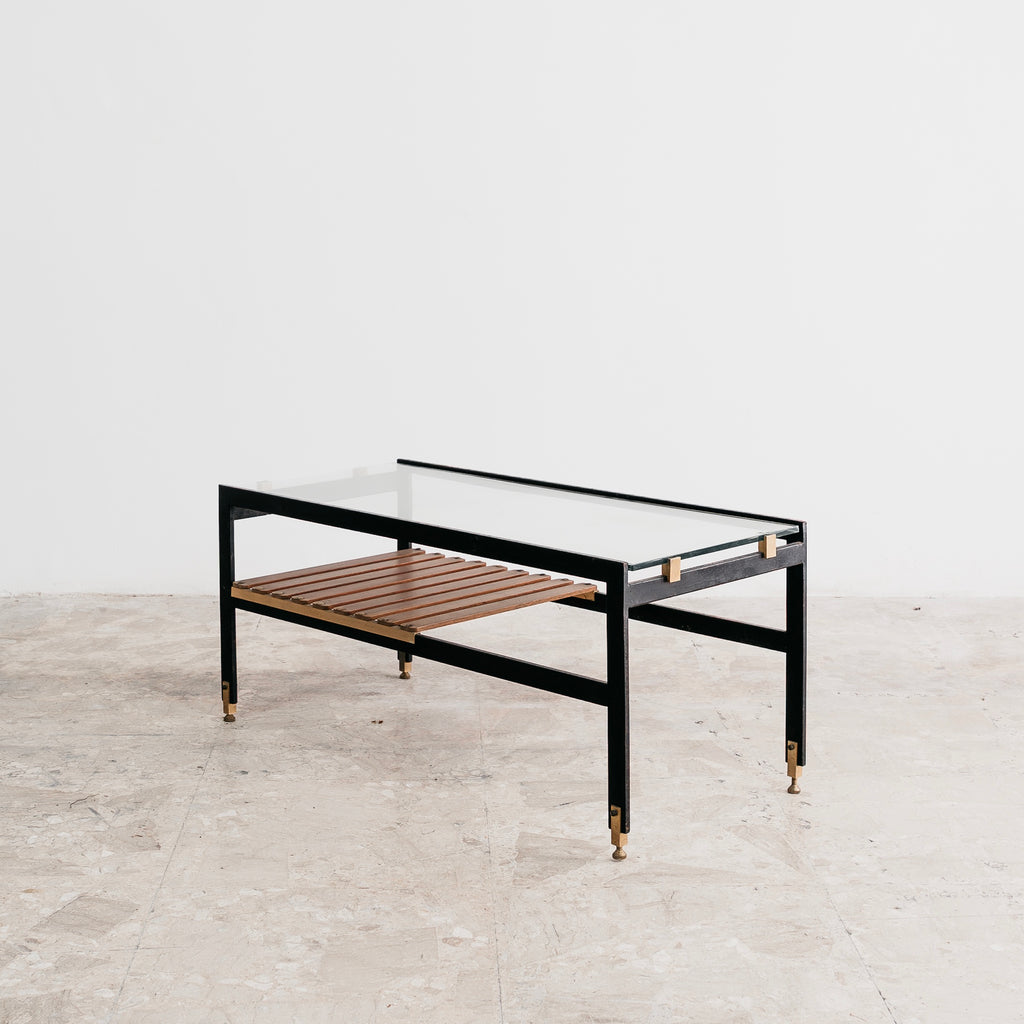 Tavolino da Salotto Vintage Santambrogio & De Berti in Legno, Ottone e Vetro (Anni '60)