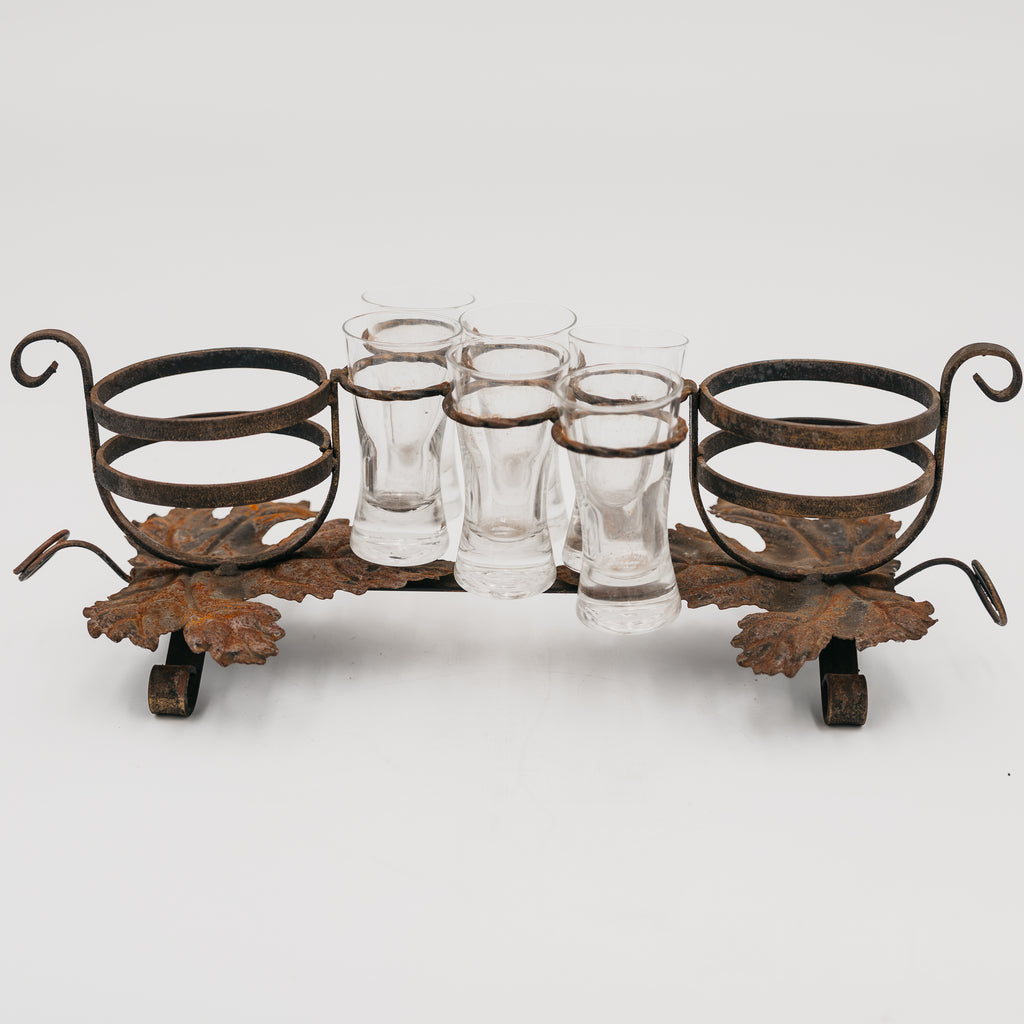 Set Liquore Vintage in Ferro Battuto con 6 Bicchierini da Cicchetto Porta Bottiglie