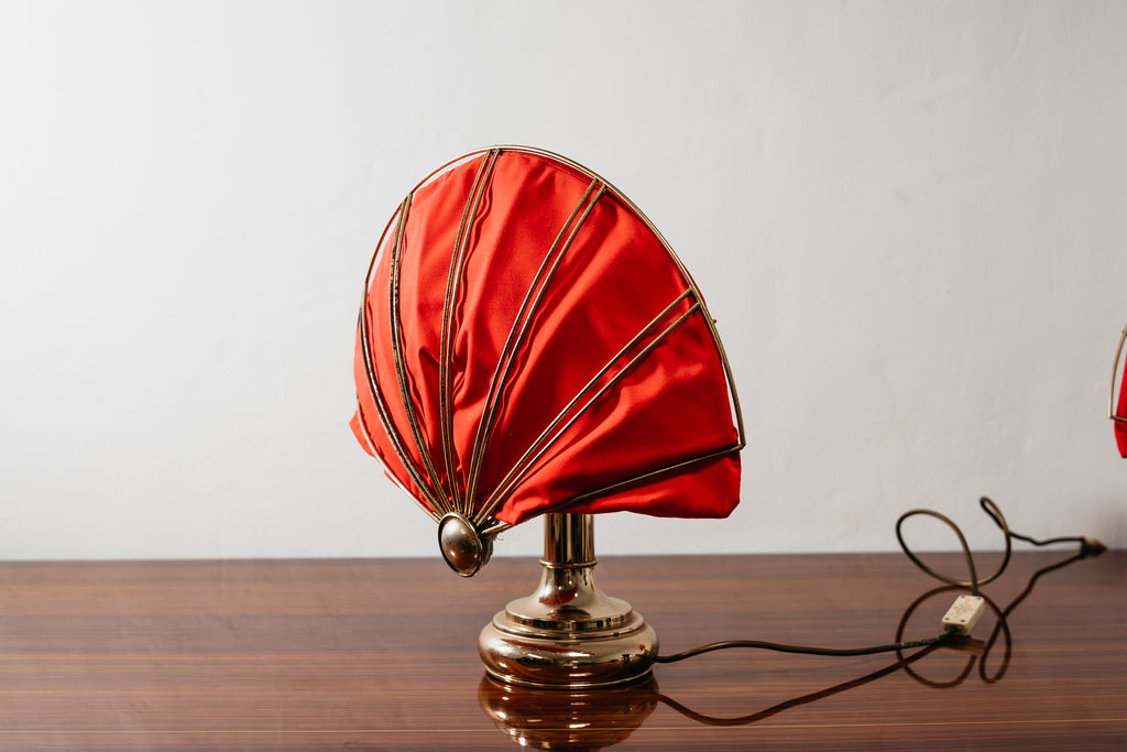 Coppia Lampade da Tavolo Ventaglio Vintage Anni 70 Ottone Hollywood Regency Modernariato Abat-Jour