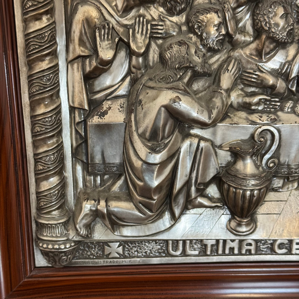 Quadro Bassorilievo Vintage "Ultima Cena de Jesus" in Metallo Argentato / Brunito