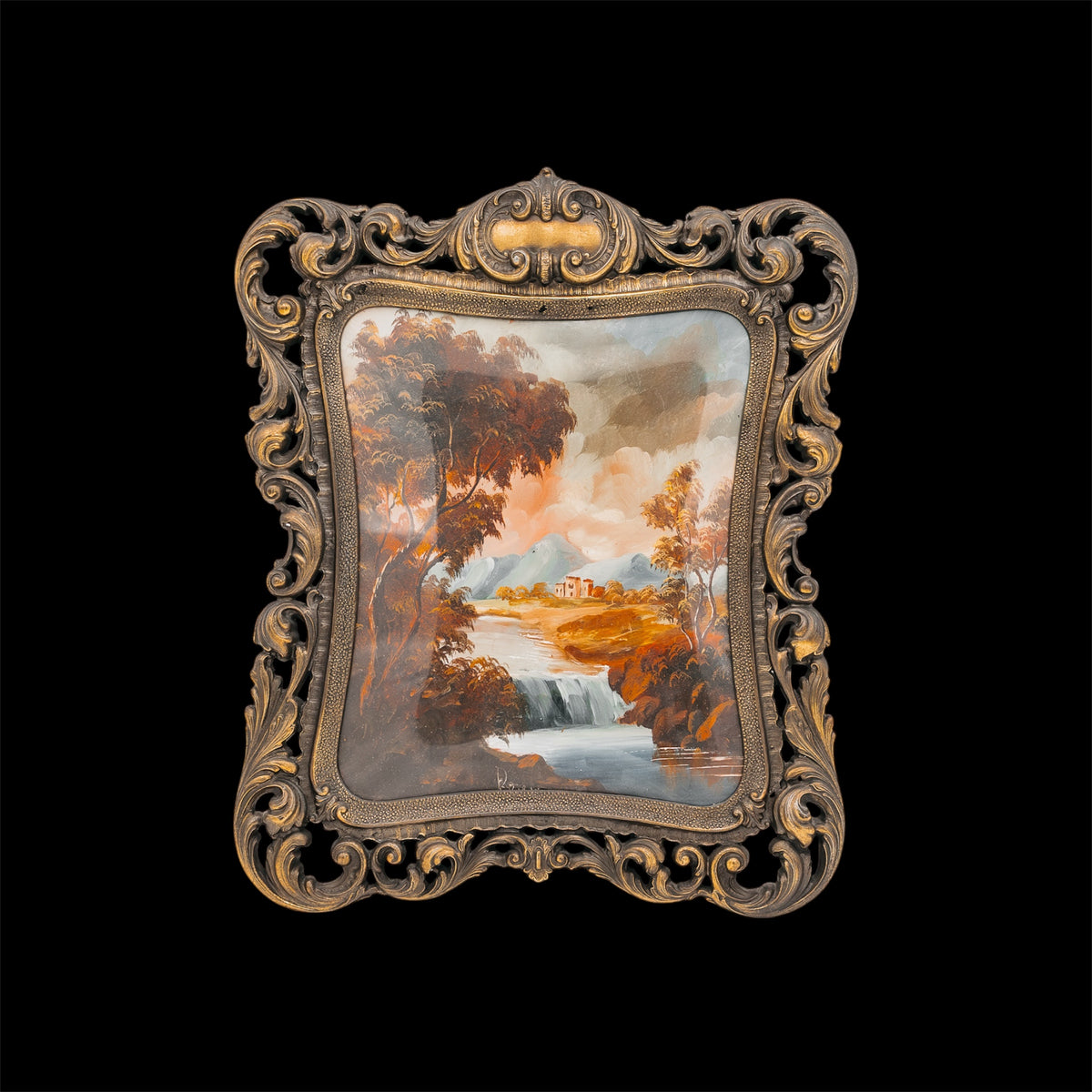 Quadro su Tela Paesaggio Vintage Autunnale con Cascata e Ricca Cornice Barocca