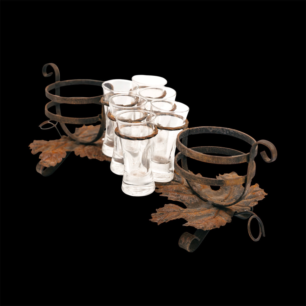 Set Liquore Vintage in Ferro Battuto con 6 Bicchierini da Cicchetto Porta Bottiglie