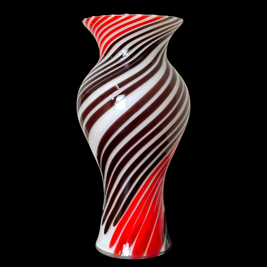 Vaso Vintage in Vetro a Canne Ritorte Rosso, Bianco e Marrone – Stile Murano – h 38 x Ø 18 cm