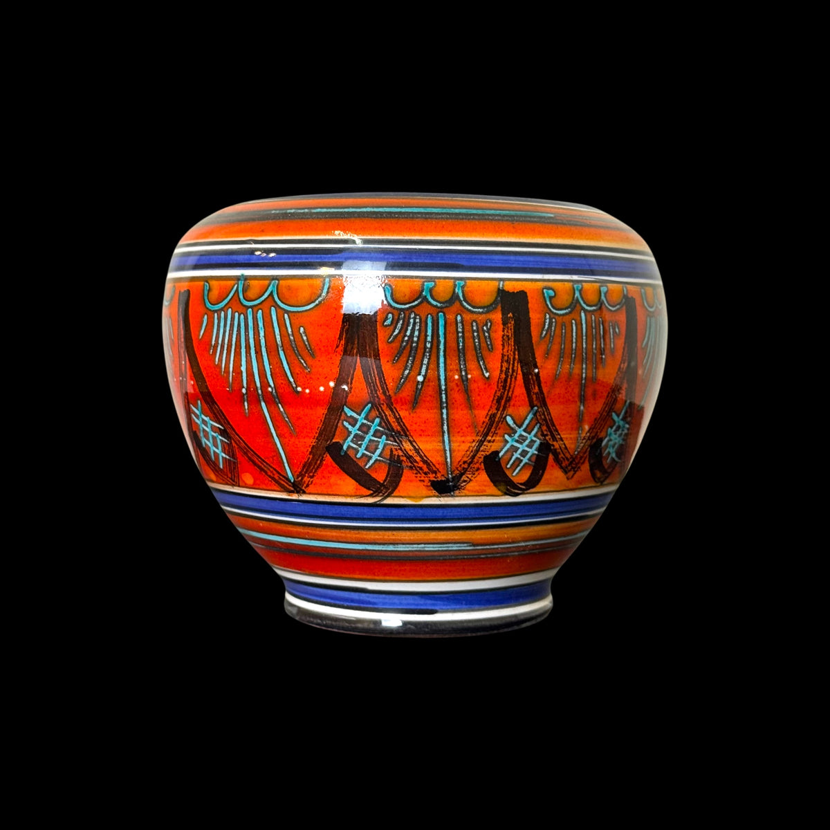Vaso Vintage in Ceramica Dipinta a Mano Arancio e Blu – Firmato – Anni '60 – h 13 x Ø 14 cm