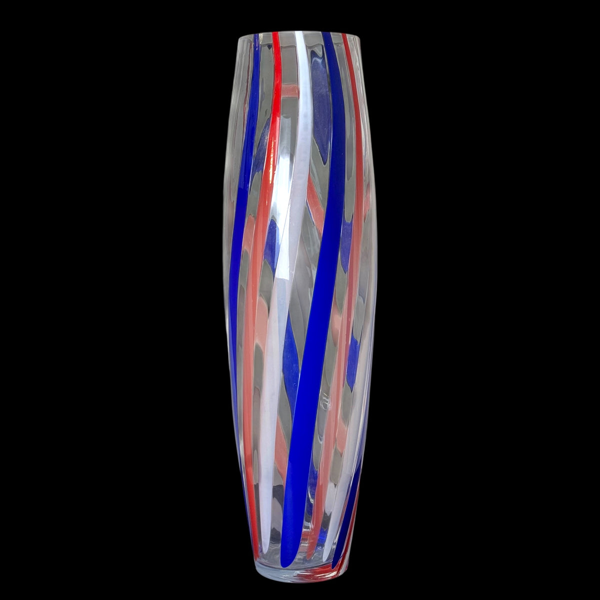 Vaso Alto Vintage in Vetro a Canne Blu, Rosso e Bianco – Stile Murano – h 56 x Ø 15 cm
