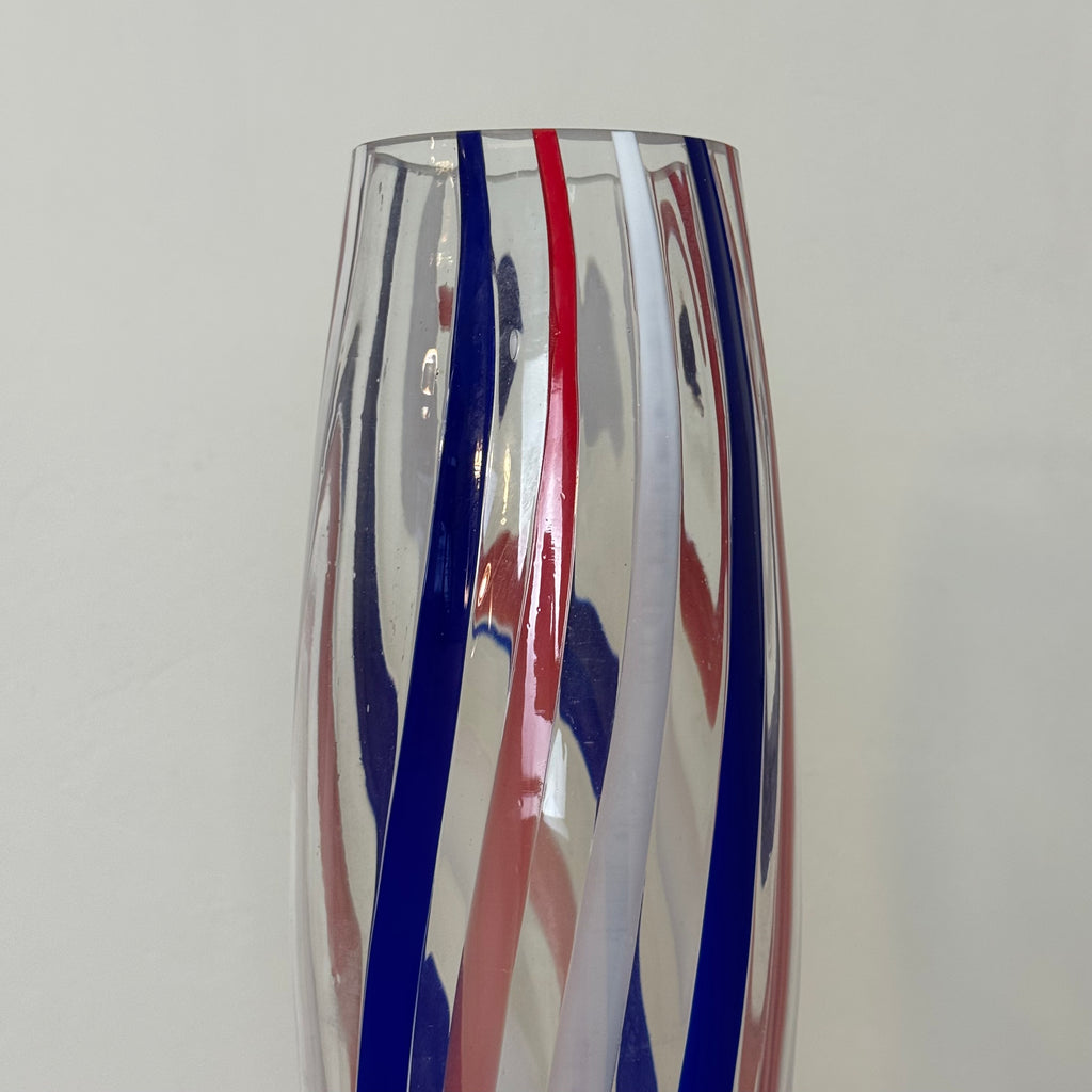 Vaso Alto Vintage in Vetro a Canne Blu, Rosso e Bianco – Stile Murano – h 56 x Ø 15 cm