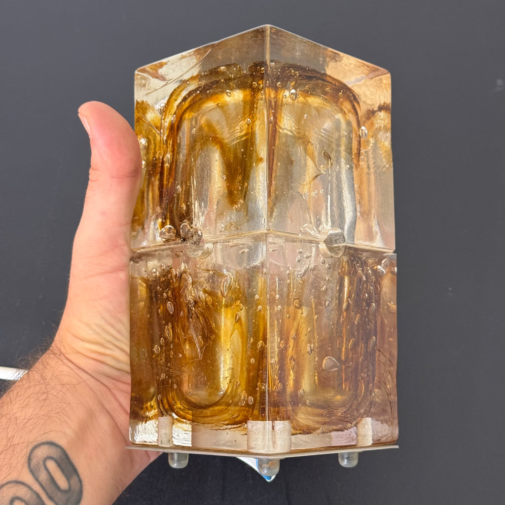 Piccola Lampada da Tavolo Poliarte – Albano Poli – Vetro Ambra e Trasparente Effetto Ghiaccio – Design Italiano Anni '70