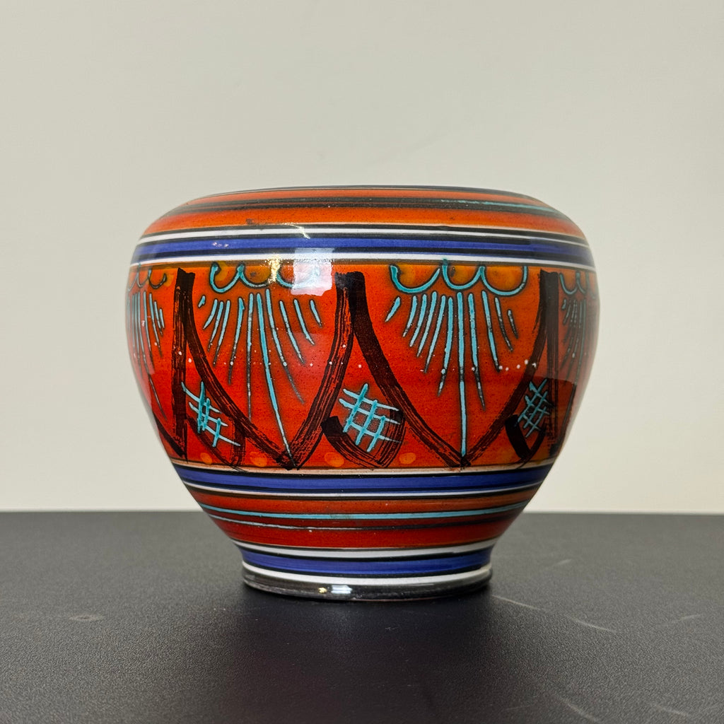 Vaso Vintage in Ceramica Dipinta a Mano Arancio e Blu – Firmato – Anni '60 – h 13 x Ø 14 cm