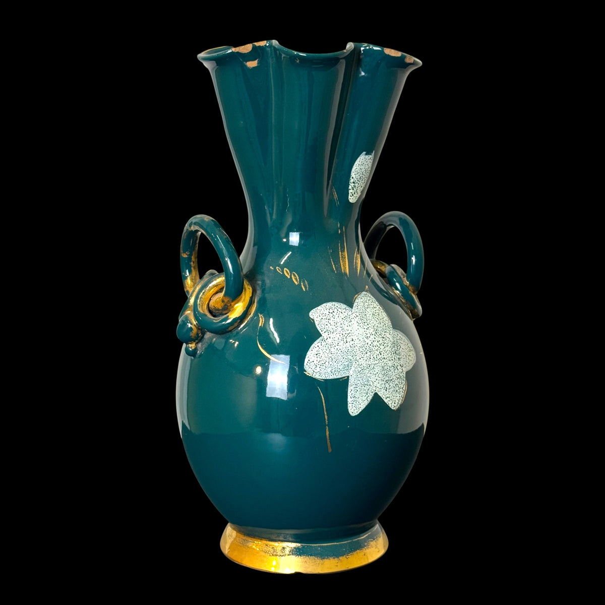 Vaso Vintage in Ceramica Verde Petrolio con Bocca a Fazzoletto, Anse ad Anello e Decori in Oro – Anni '50