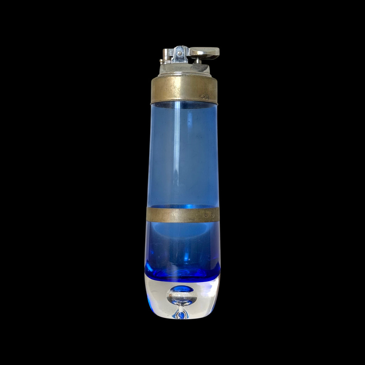 Accendino da Tavolo Vintage in Vetro Blu Sommerso con Bolla e Finiture in Argento – Stile Murano Anni '50-'60