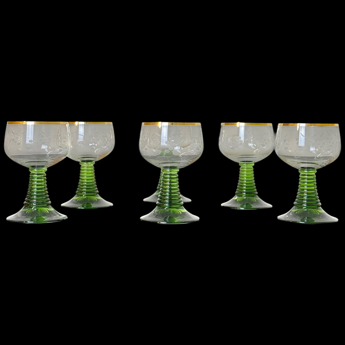 Set 6 Bicchieri Römer Vintage da Vino – Vetro Inciso con Grappoli d'Uva, Bordo Dorato e Gambo Verde