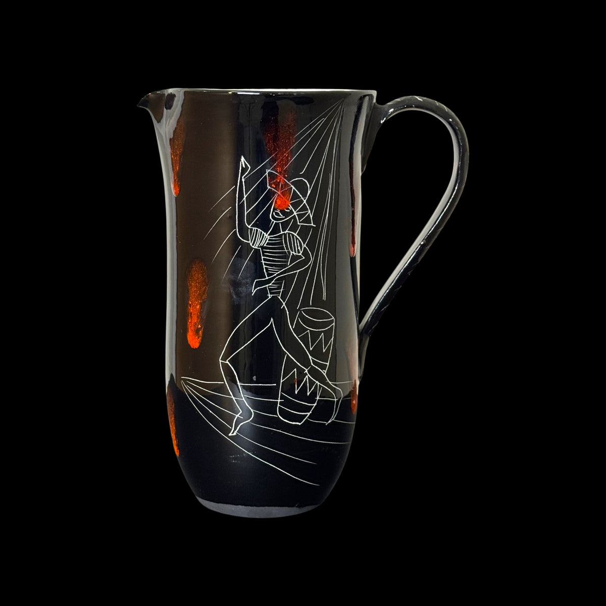 Brocca Vintage in Ceramica Nera con Decoro a Graffito – Ballerina e Tamburo – Smalto Rosso Arancio – Stile Anni '50