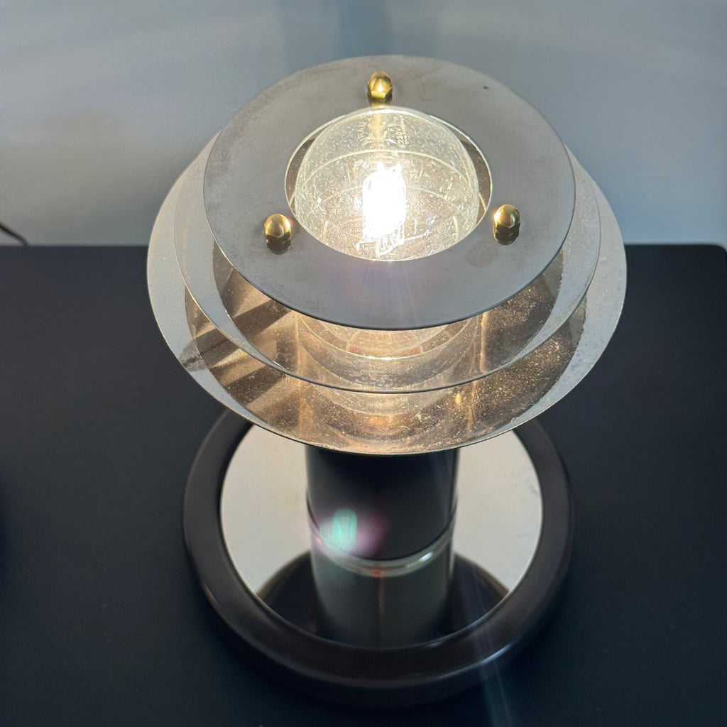 Coppia di Lampade da Tavolo Vintage Stile Saturne – Acciaio Cromato e Metallo Marrone – Paralume a Dischi Sovrapposti – Anni '70-'80
