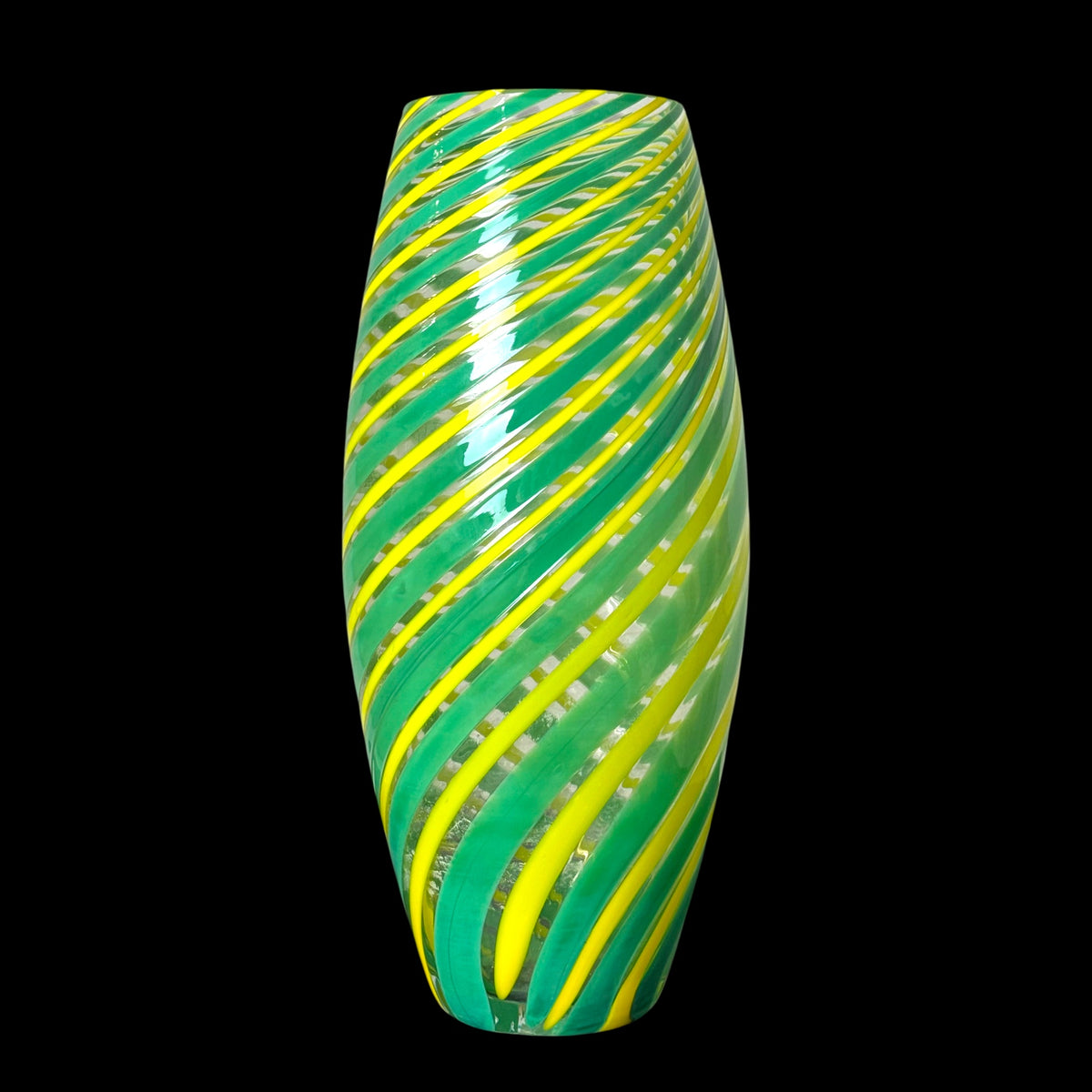Vaso Vintage in Vetro a Canne Verde e Giallo con Spirale – Lavorazione Murano – Altezza 38 cm