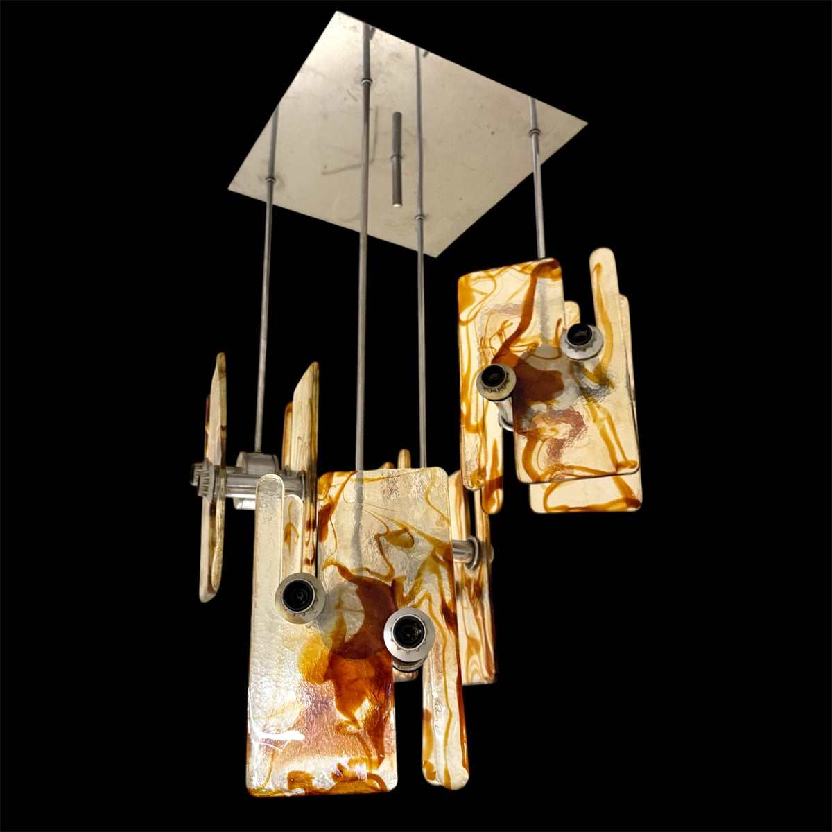 Lampadario Modernista a 16 Luci in Vetro di Murano e Acciaio anni '70