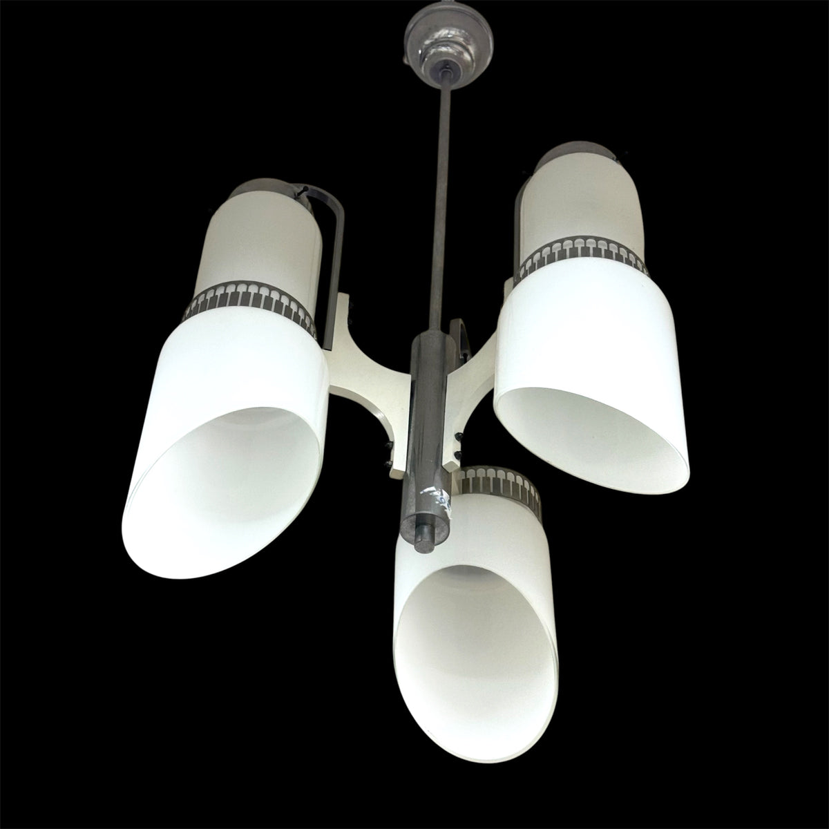 Lampadario Modernista a 3 Luci in Vetro Incamiciato e Acciaio anni '60/'70