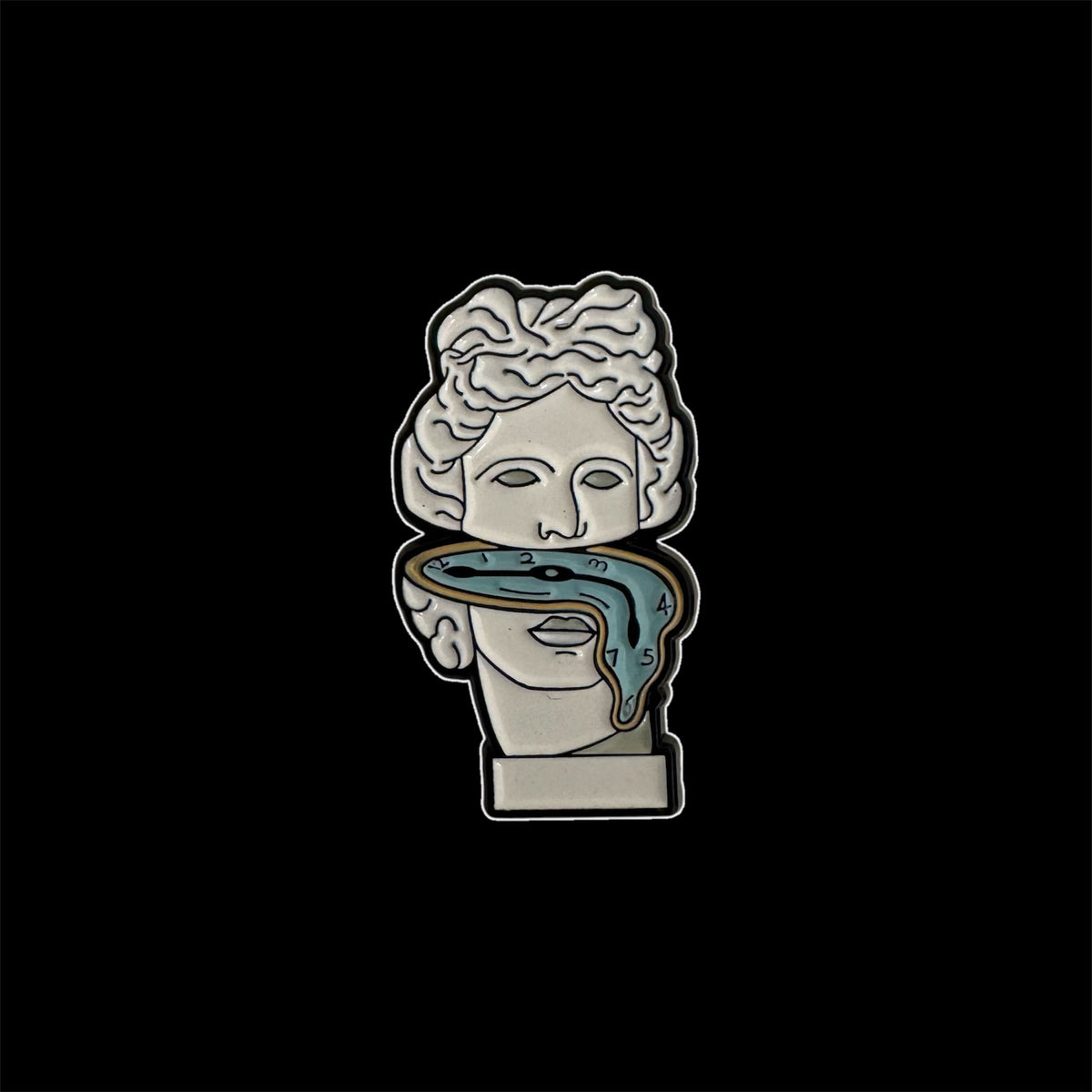 Spilletta in Metallo Smaltato - Busto Statua Greca e Orologio Molle / Surrealismo Arte Pop Culture