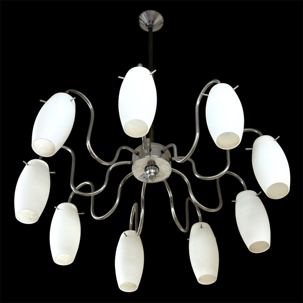 Lampadario Modernista Scenografico a 9 Luci in Vetro e Acciaio anni '70
