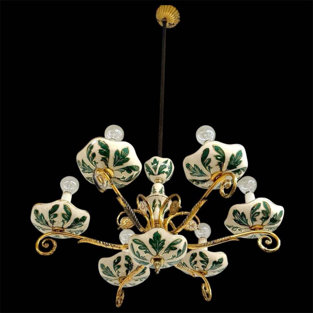 Lampadario Vintage a 6 Luci in Ceramica di Bassano e Ottone Dorato anni '60/'70