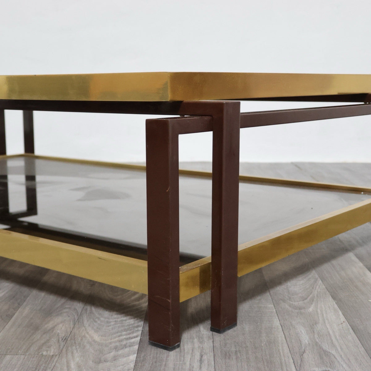 Tavolo Da Salotto Design Hollywood Regency Anni ‘70 Geometrico Ottone Vintage