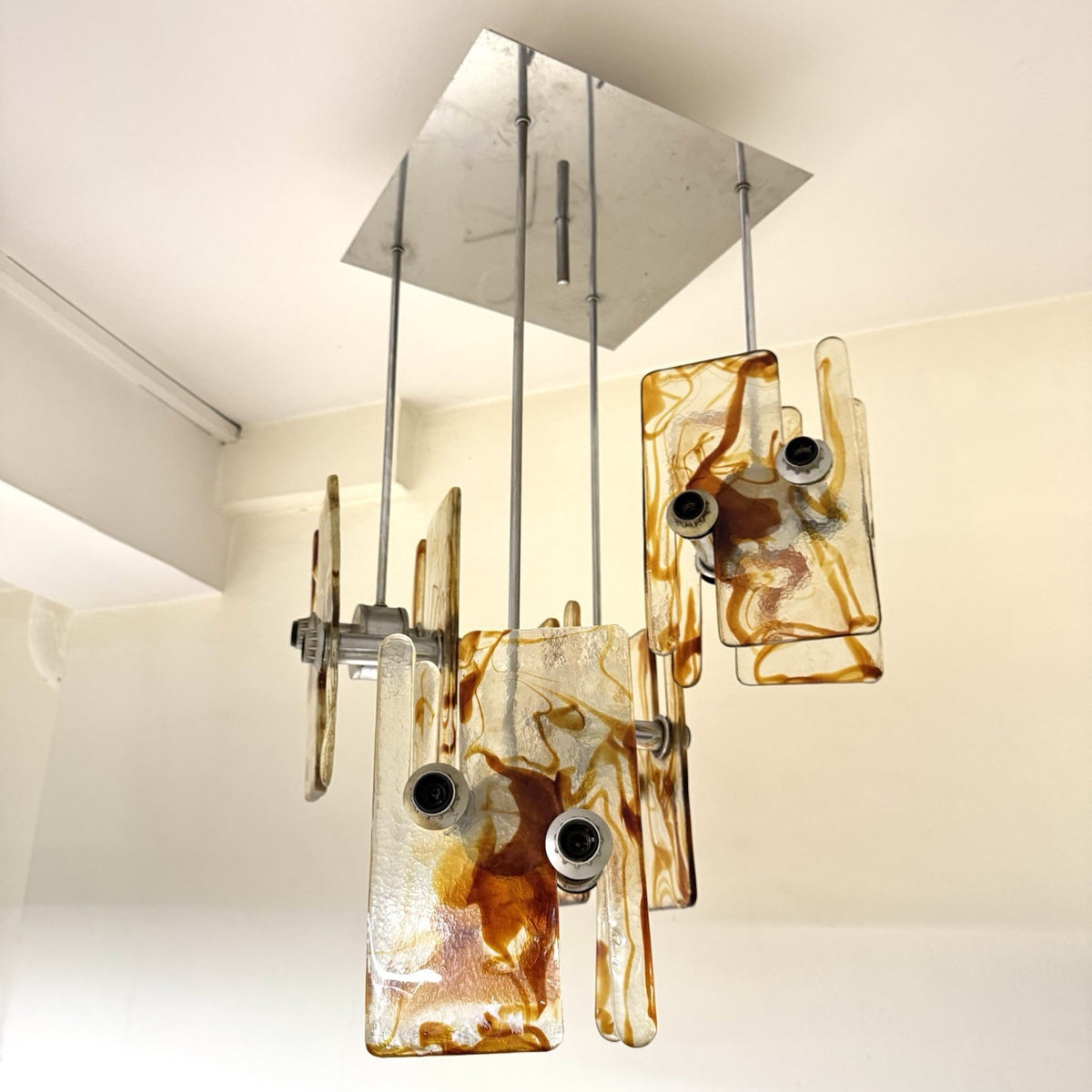 Lampadario Modernista a 16 Luci in Vetro di Murano e Acciaio anni '70