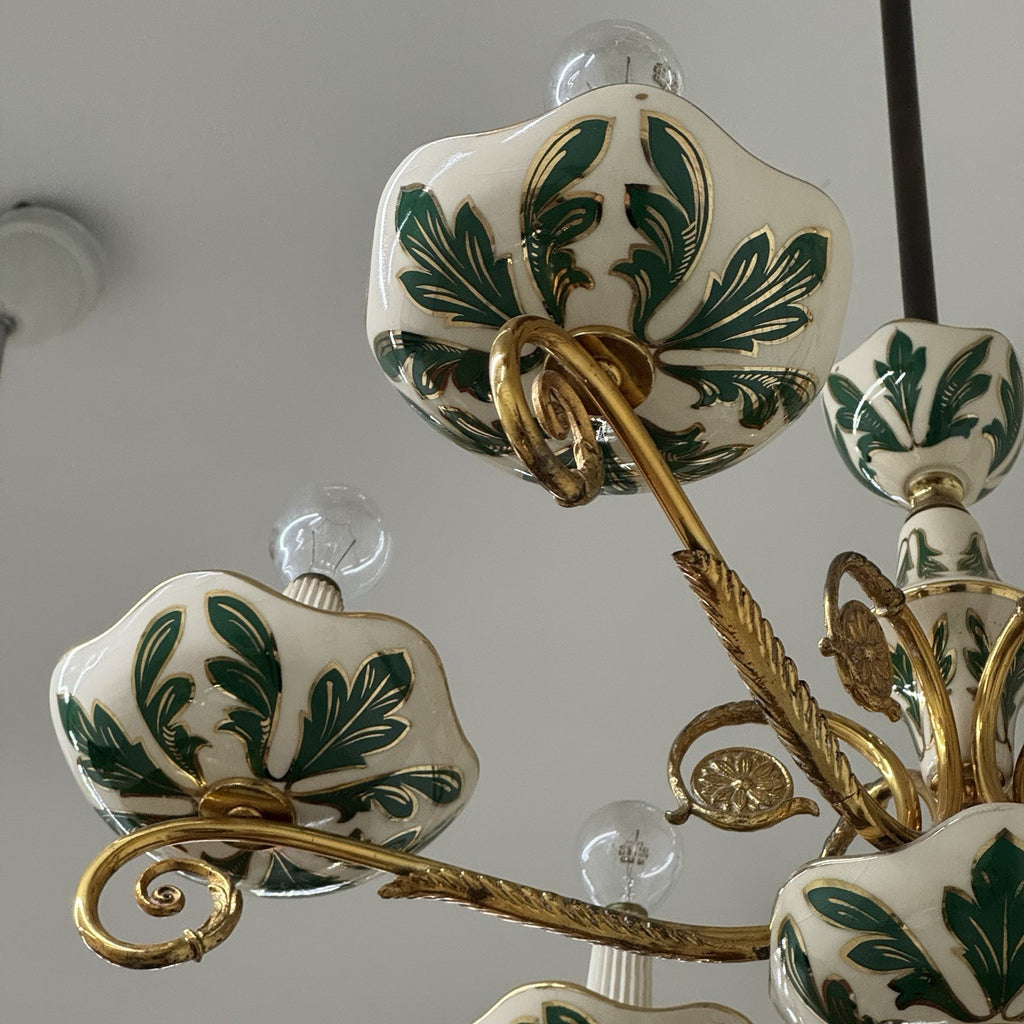 Lampadario Vintage a 6 Luci in Ceramica di Bassano e Ottone Dorato anni '60/'70