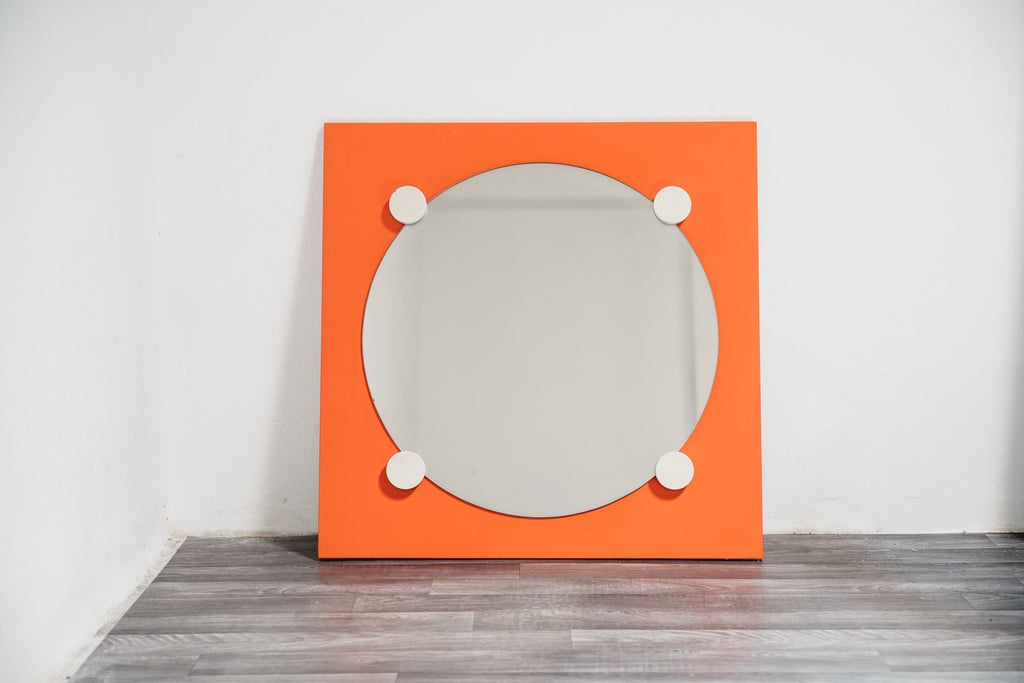 1970’s Space Age Geometric Orange Specchio Wooden Mirror Design