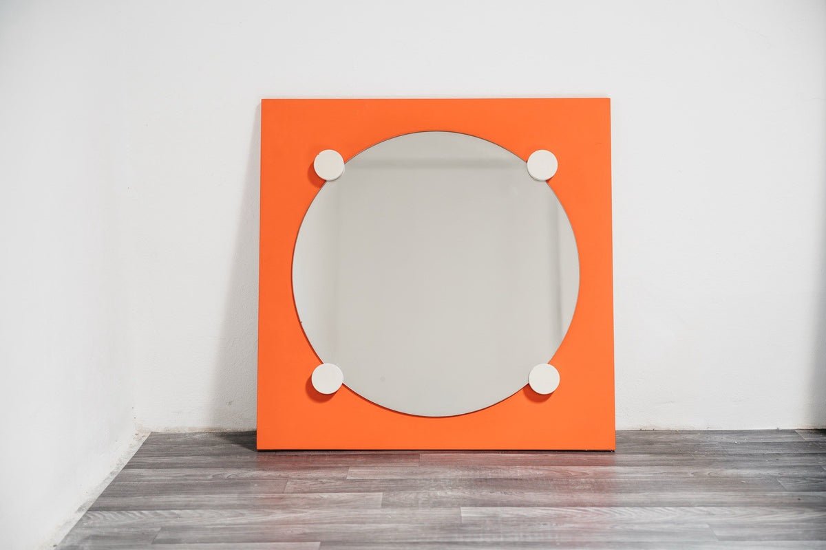 1970’s Space Age Geometric Orange Specchio Wooden Mirror Design