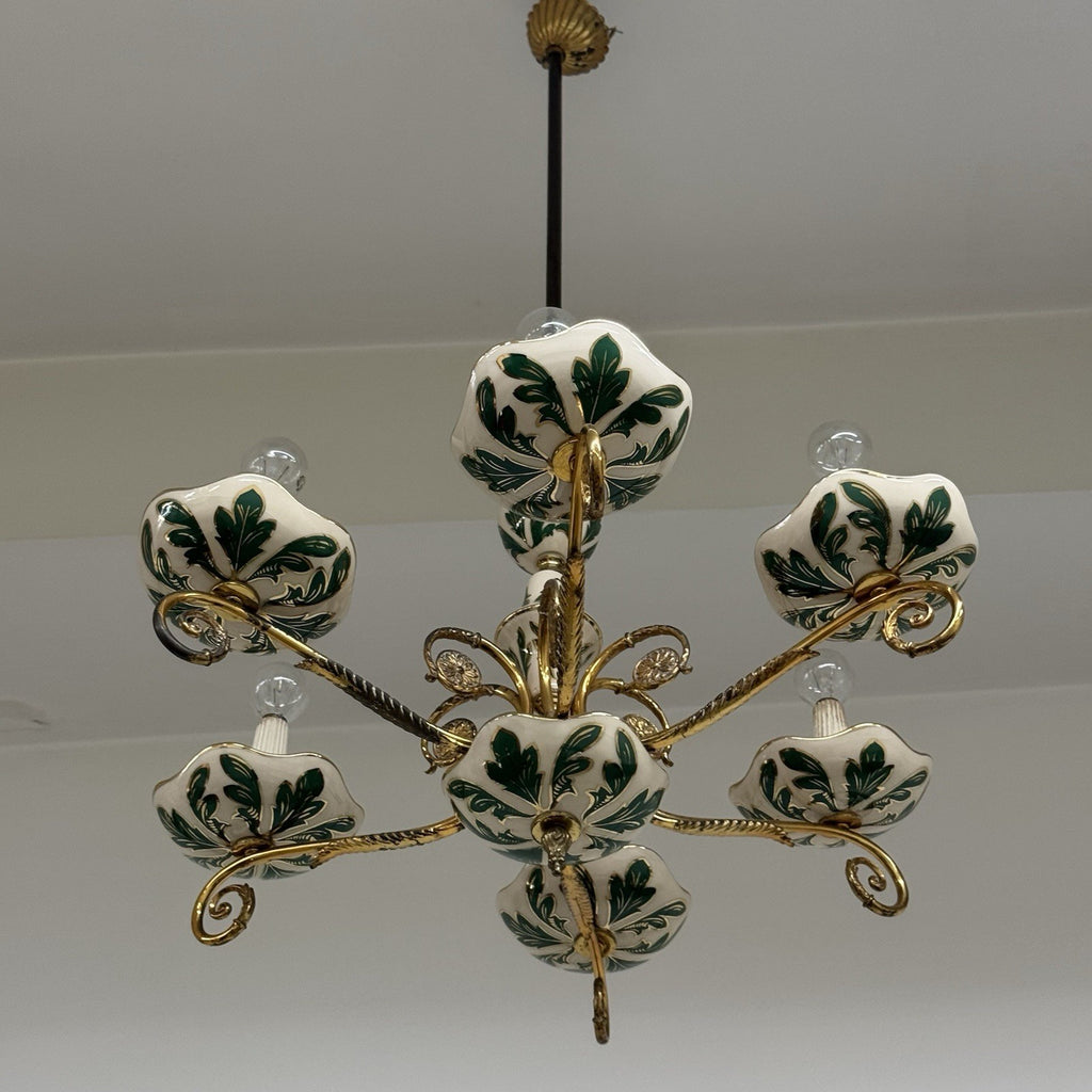 Lampadario Vintage a 6 Luci in Ceramica di Bassano e Ottone Dorato anni '60/'70
