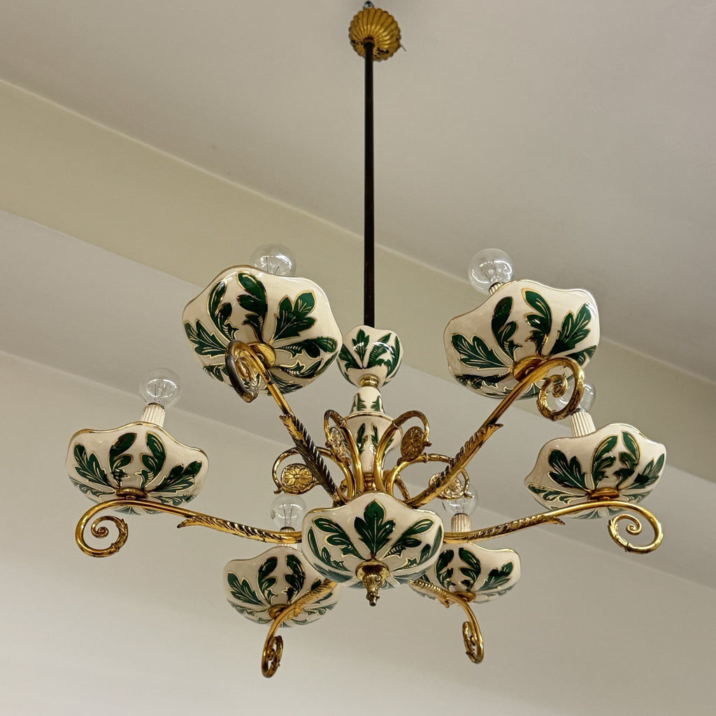 Lampadario Vintage a 6 Luci in Ceramica di Bassano e Ottone Dorato anni '60/'70